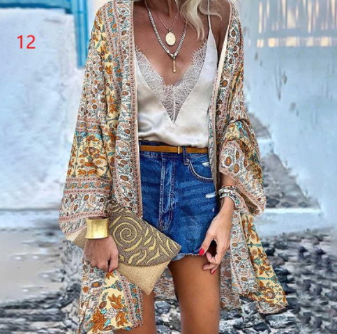 Casual Resort Doll Sleeve Cardigan Print Top Cardigan