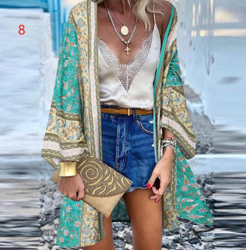 Casual Resort Doll Sleeve Cardigan Print Top Cardigan