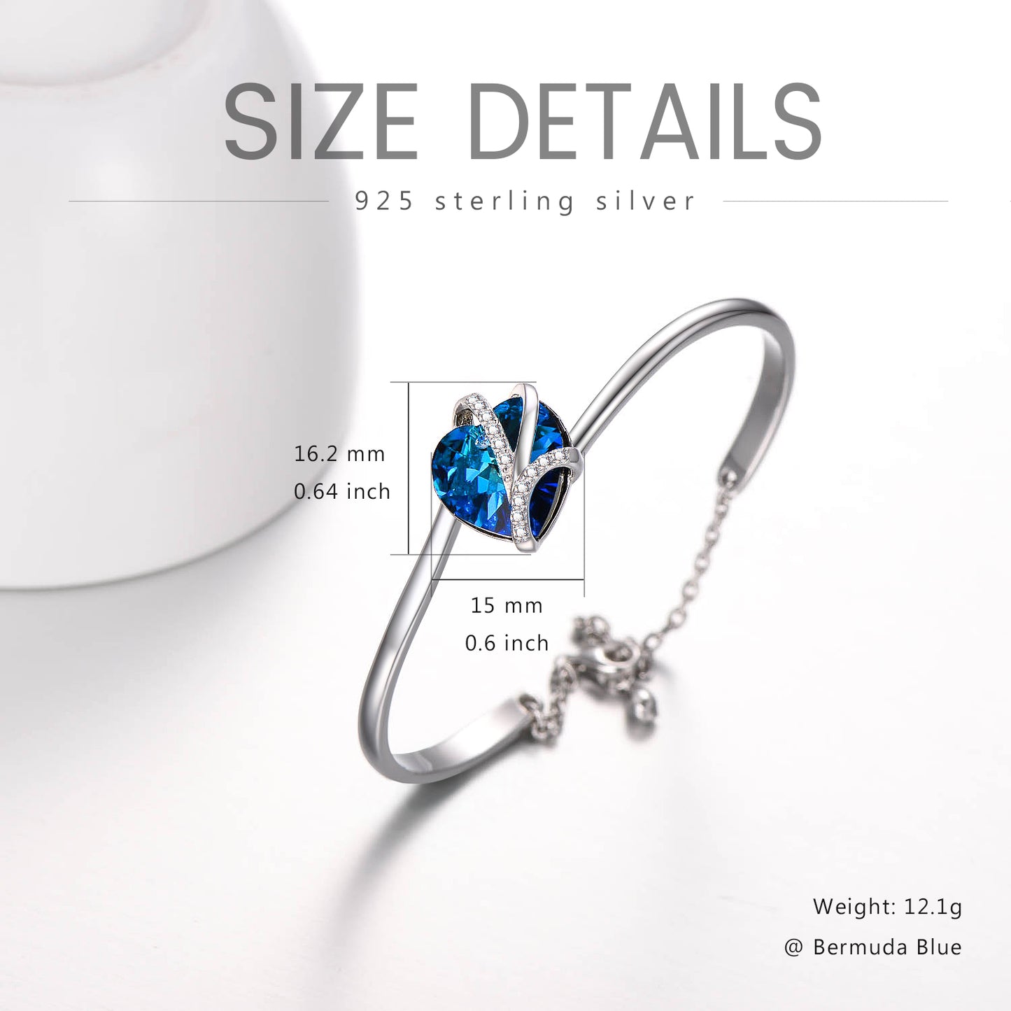 925 Sterling Silver Love Heart Bangle  with Blue  Crystals,I Love You Bracelet