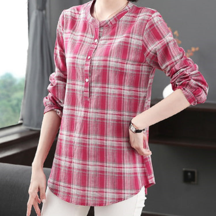 Cotton And Linen Plus Size Plaid Women's Shirt