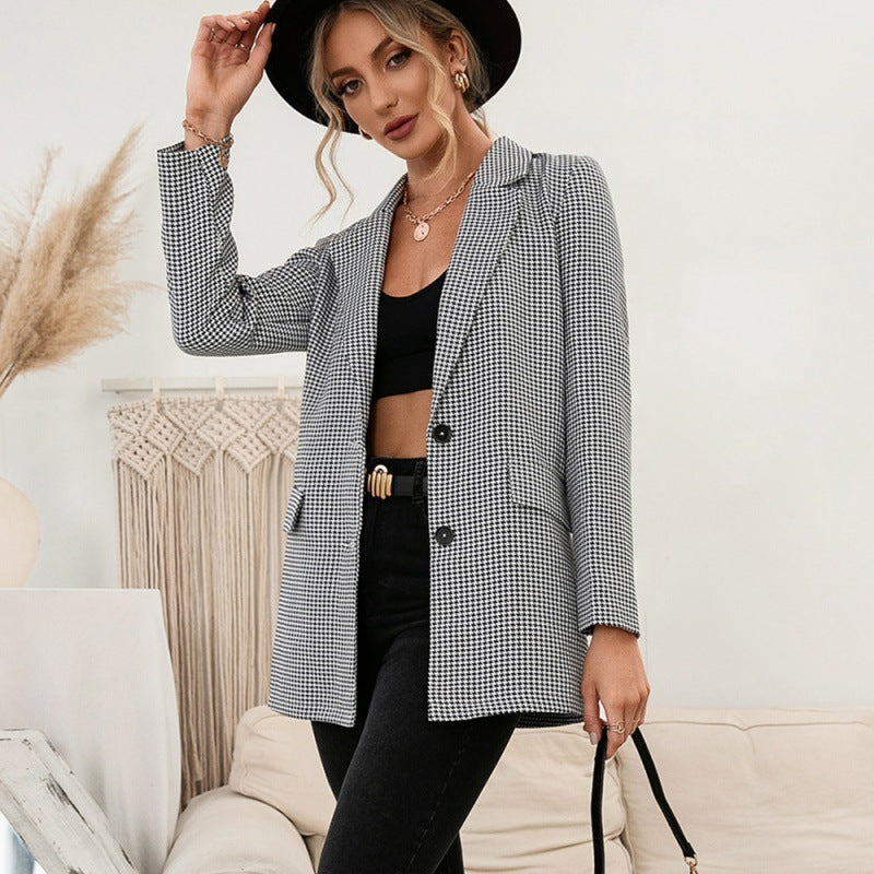 Single-breasted Houndstooth Check Casual Suit Lapel