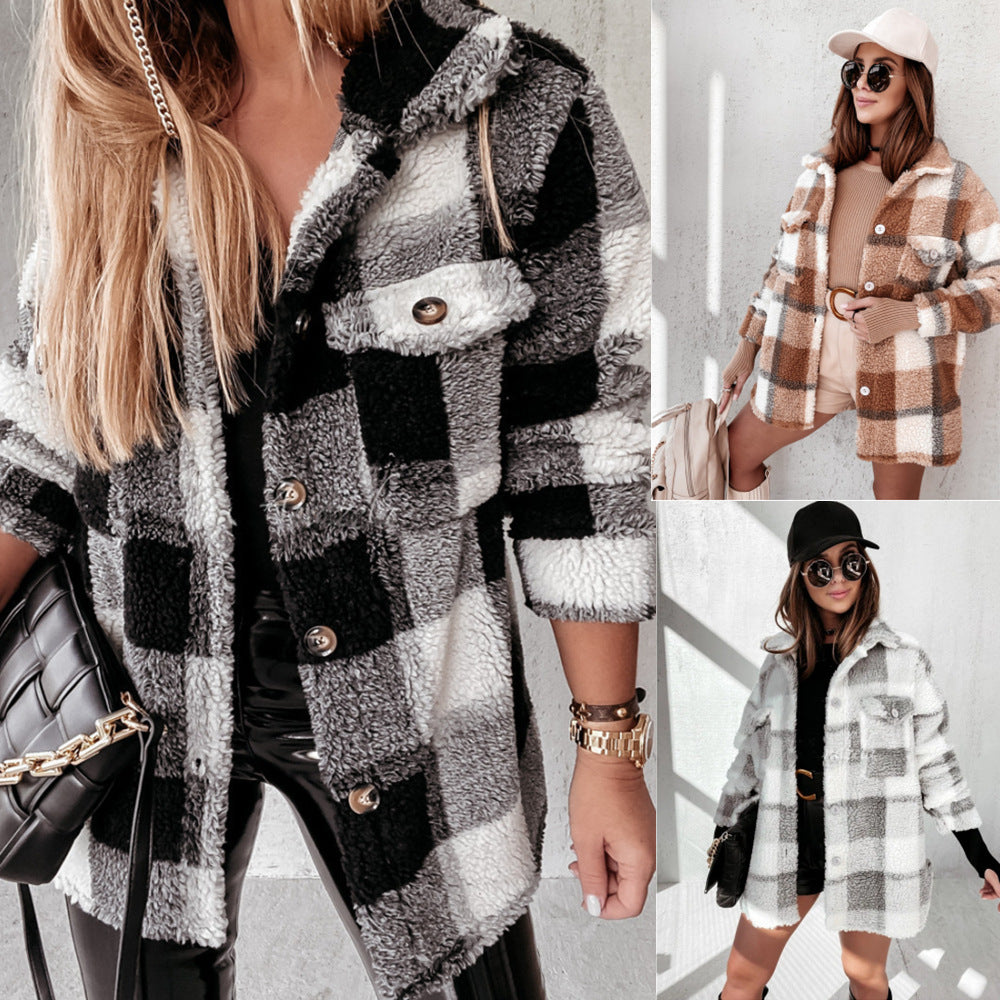 Women's Long-sleeved Suit Collar Double Pocket Plaid Fur Coat