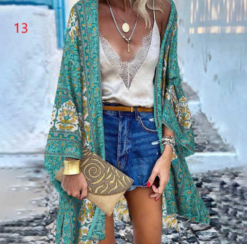 Casual Resort Doll Sleeve Cardigan Print Top Cardigan