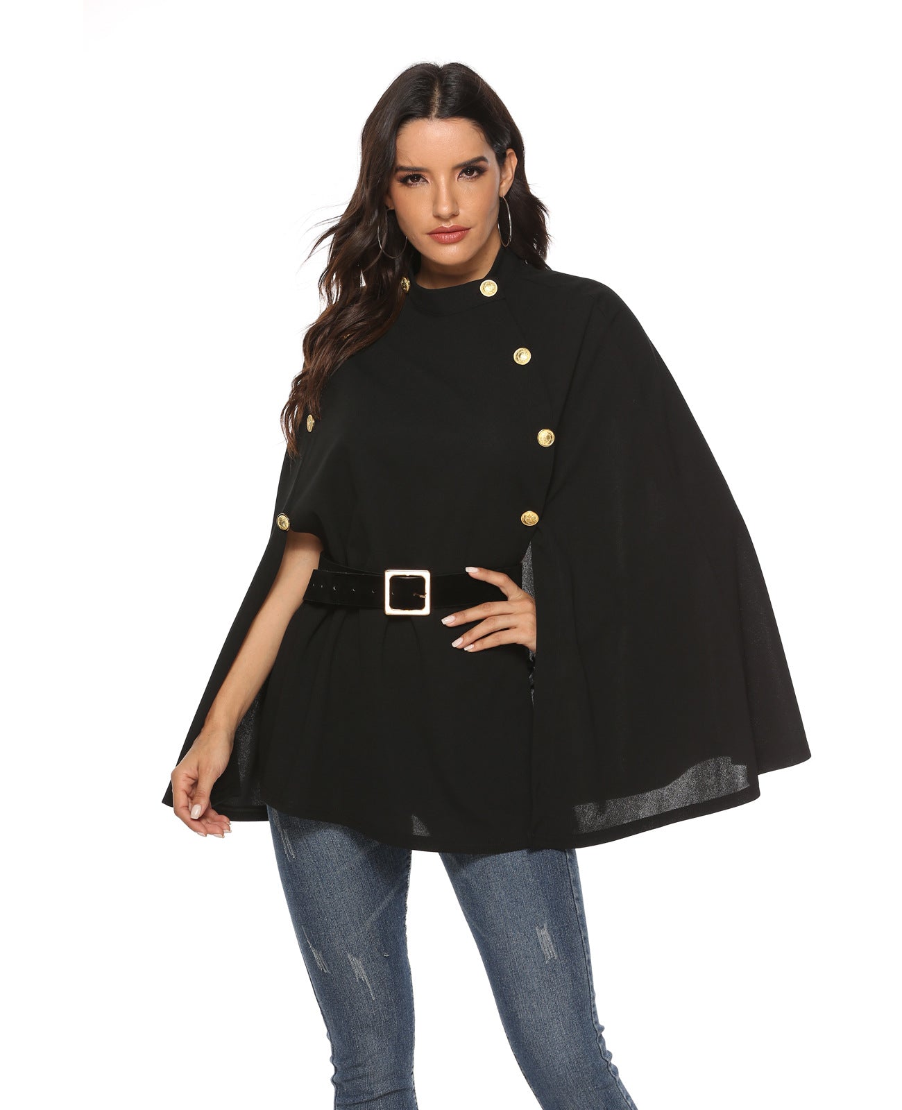 Fashion Hot Sale British Stand Collar Buttoned Sleeveless Big Swing Cloak Cape