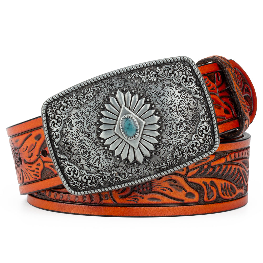 Bronze Pattern Buttoned Tang Grass Embossed Leather Belt