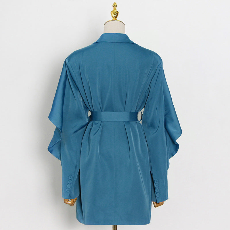 Irregular Ruffled Solid Color Jacket With Receiving Waist Belt