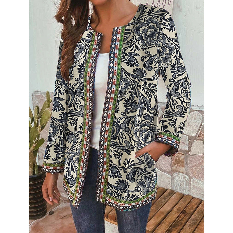 Women's Cardigan With Printed Long-sleeved Coat Jacket