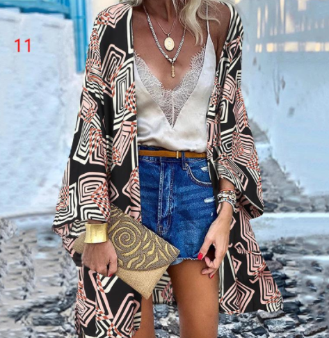 Casual Resort Doll Sleeve Cardigan Print Top Cardigan