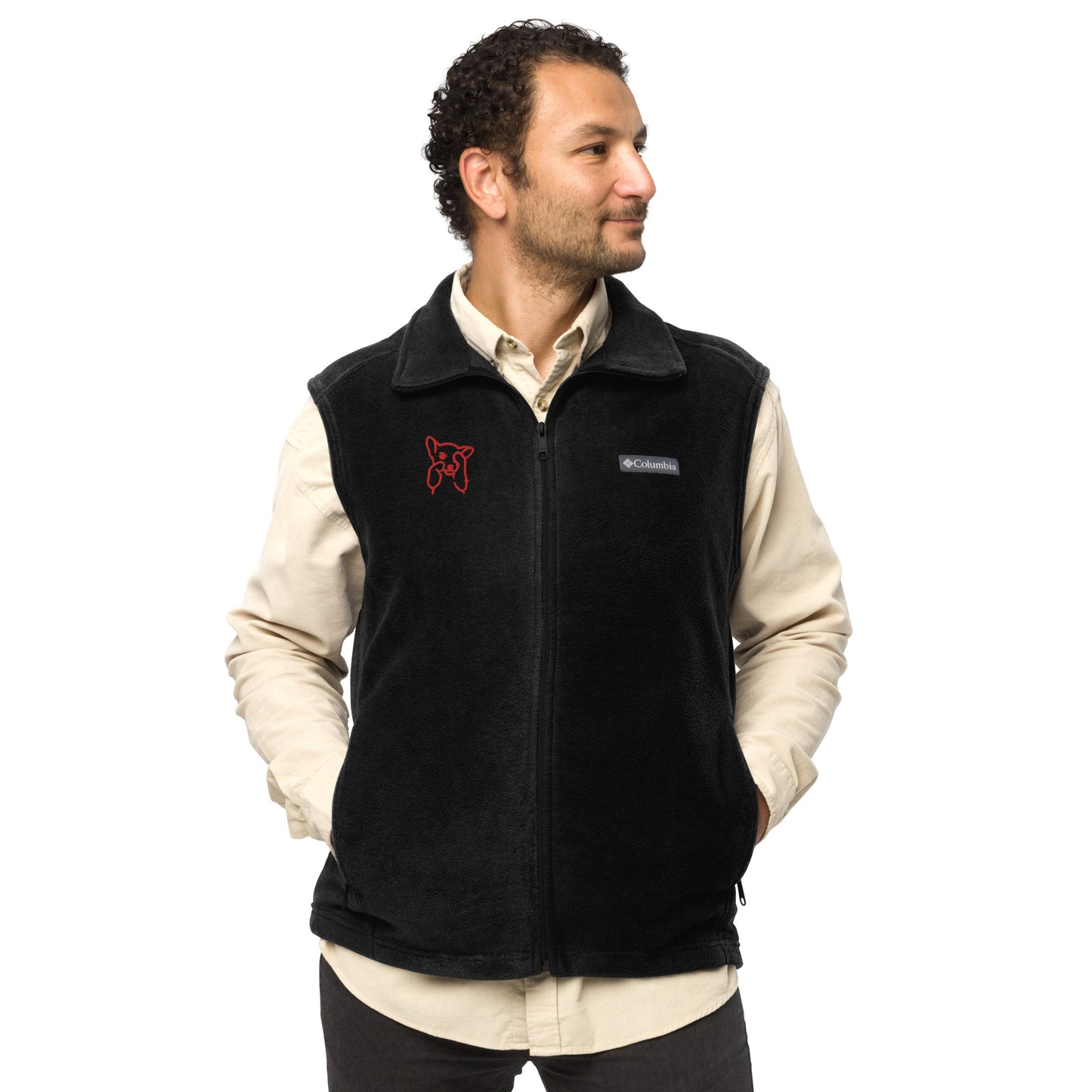 Men’s Columbia fleece vest , flat embroidery, red color cute dog sketch