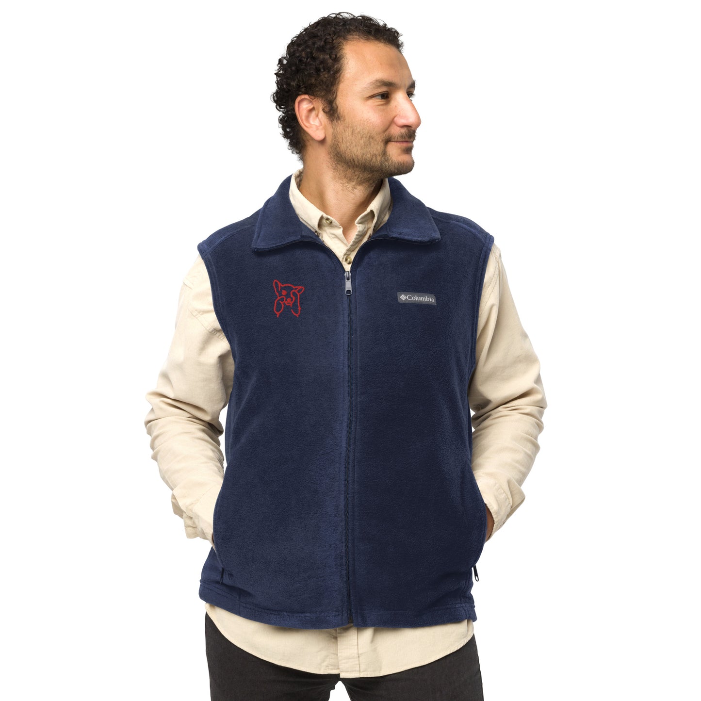 Men’s Columbia fleece vest , flat embroidery, red color cute dog sketch