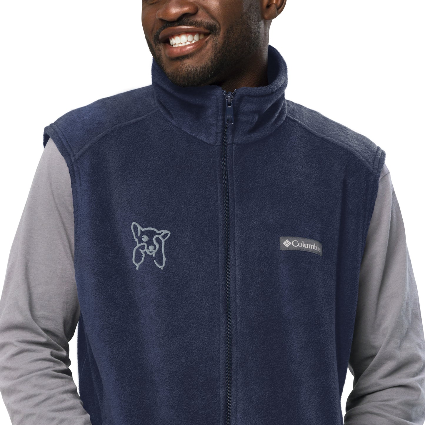 Men’s Columbia fleece vest , flat embroidery, grey color cute dog sketch