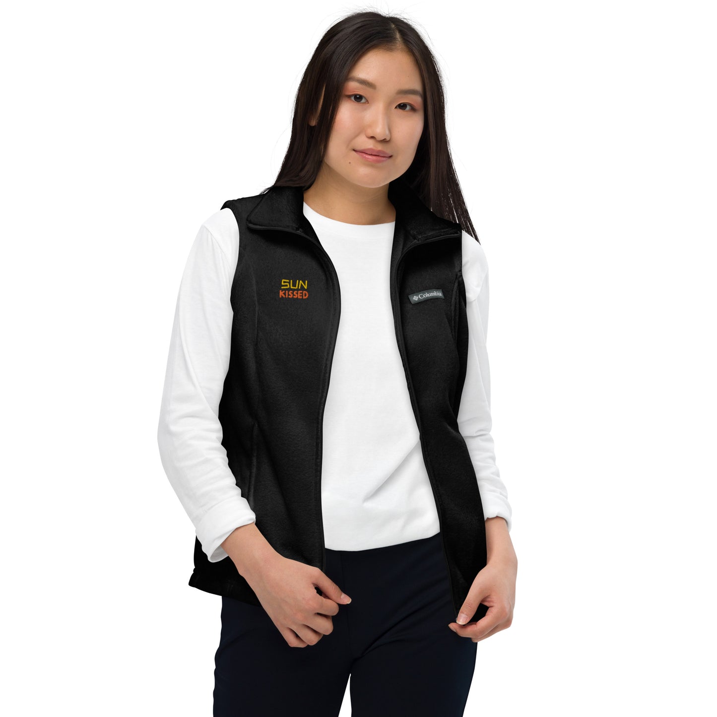 Women’s Columbia fleece vest, 'Sun Kissed" embroidery, gold/ orange color thread