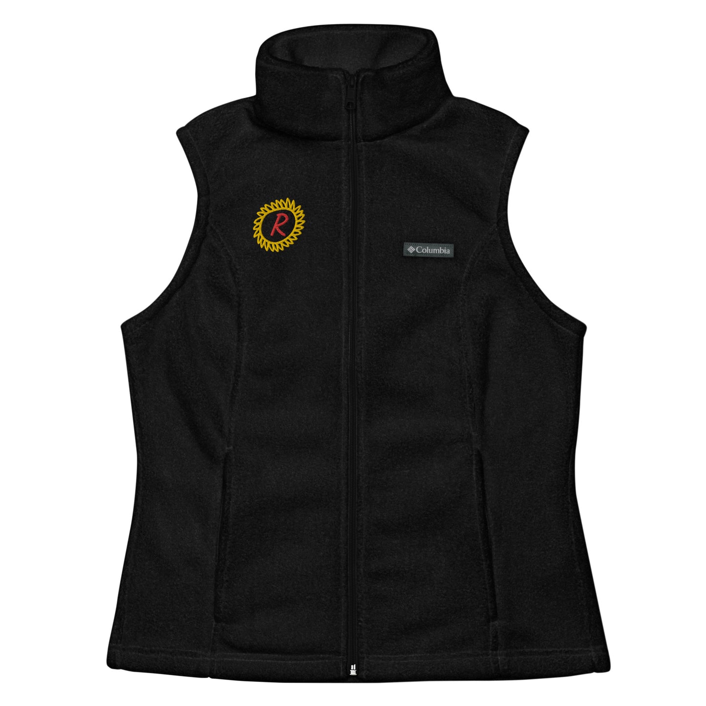 Women’s Columbia fleece vest, gold/red thread embroidery "R" in a custom circle