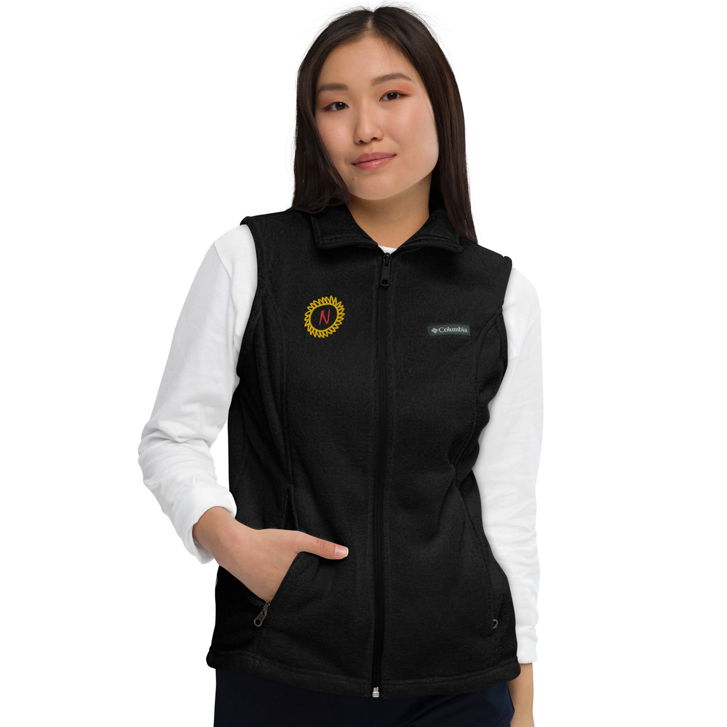 Women’s Columbia fleece vest, gold/red thread embroidery "N" in a circle