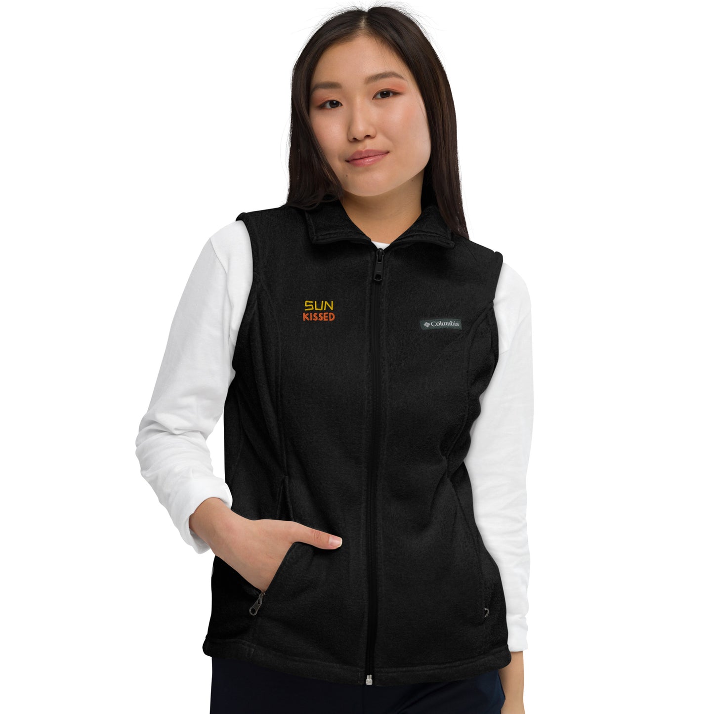 Women’s Columbia fleece vest, 'Sun Kissed" embroidery, gold/ orange color thread