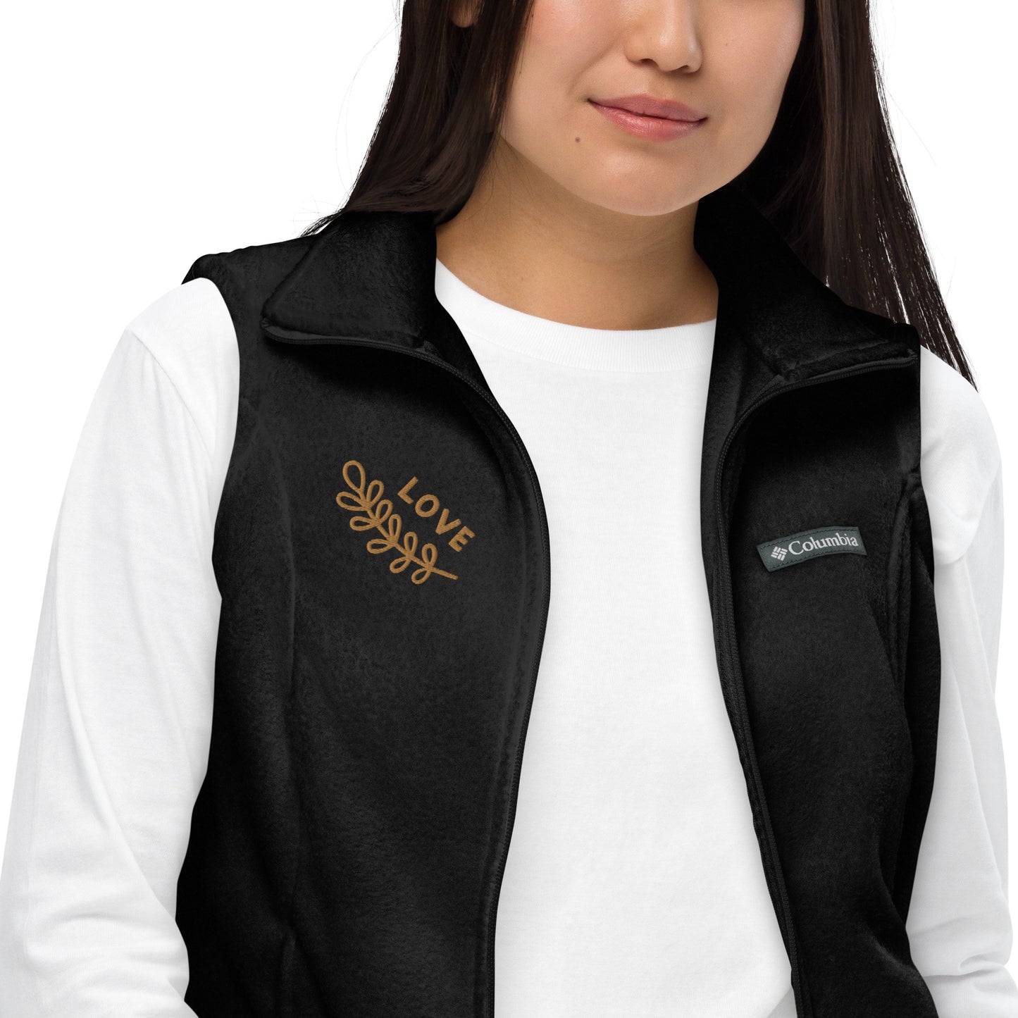 Women’s Columbia fleece vest with custom embroidery- old gold color "Love"