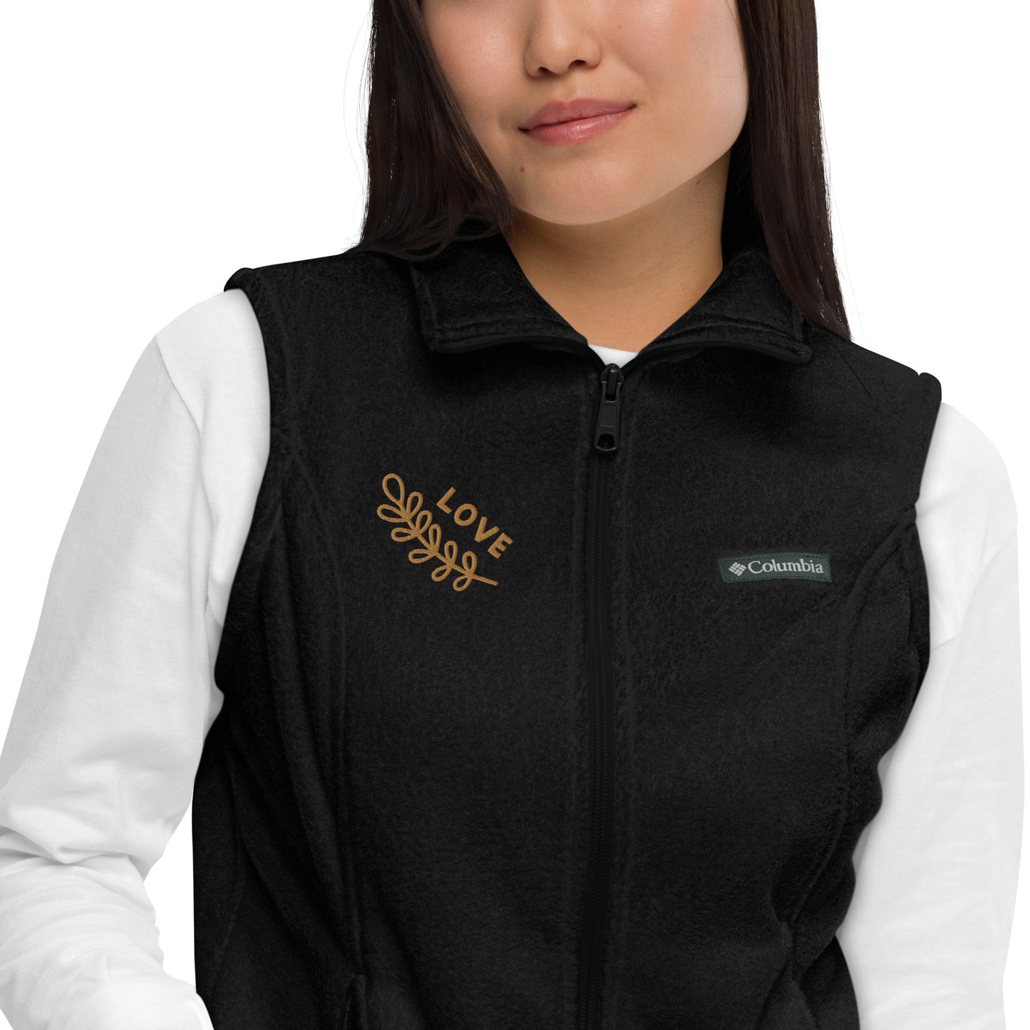 Women’s Columbia fleece vest with custom embroidery- old gold color "Love"