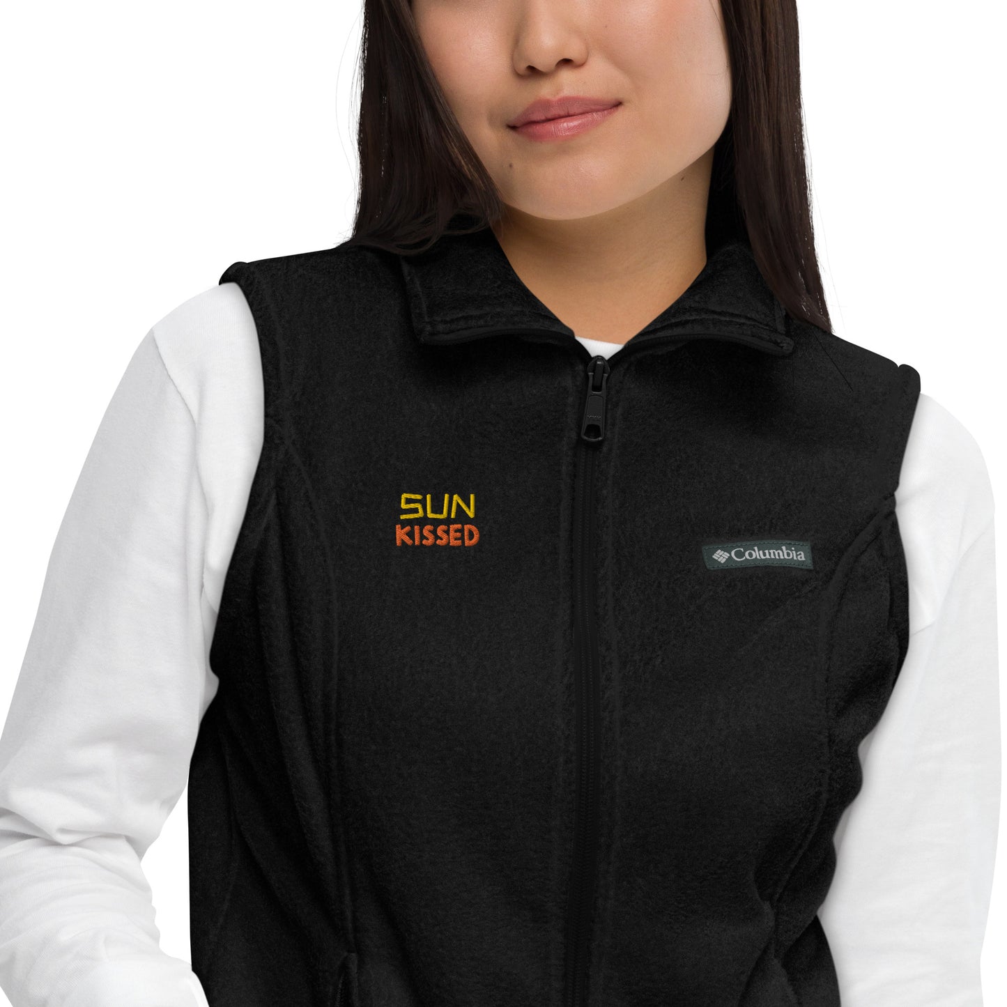 Women’s Columbia fleece vest, 'Sun Kissed" embroidery, gold/ orange color thread