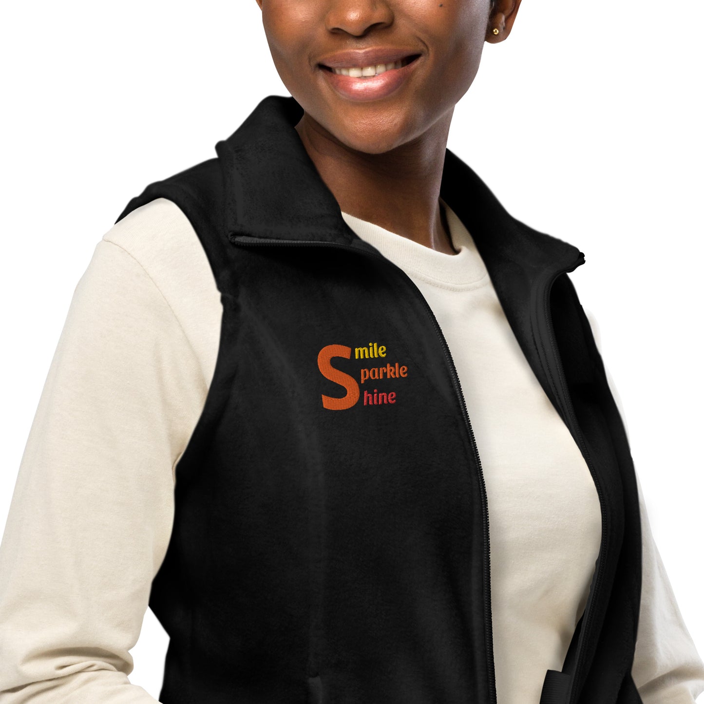 Women’s Columbia fleece vest, gold/ orange/ red color thread embroidery "Smile, Sparkle, Shine".