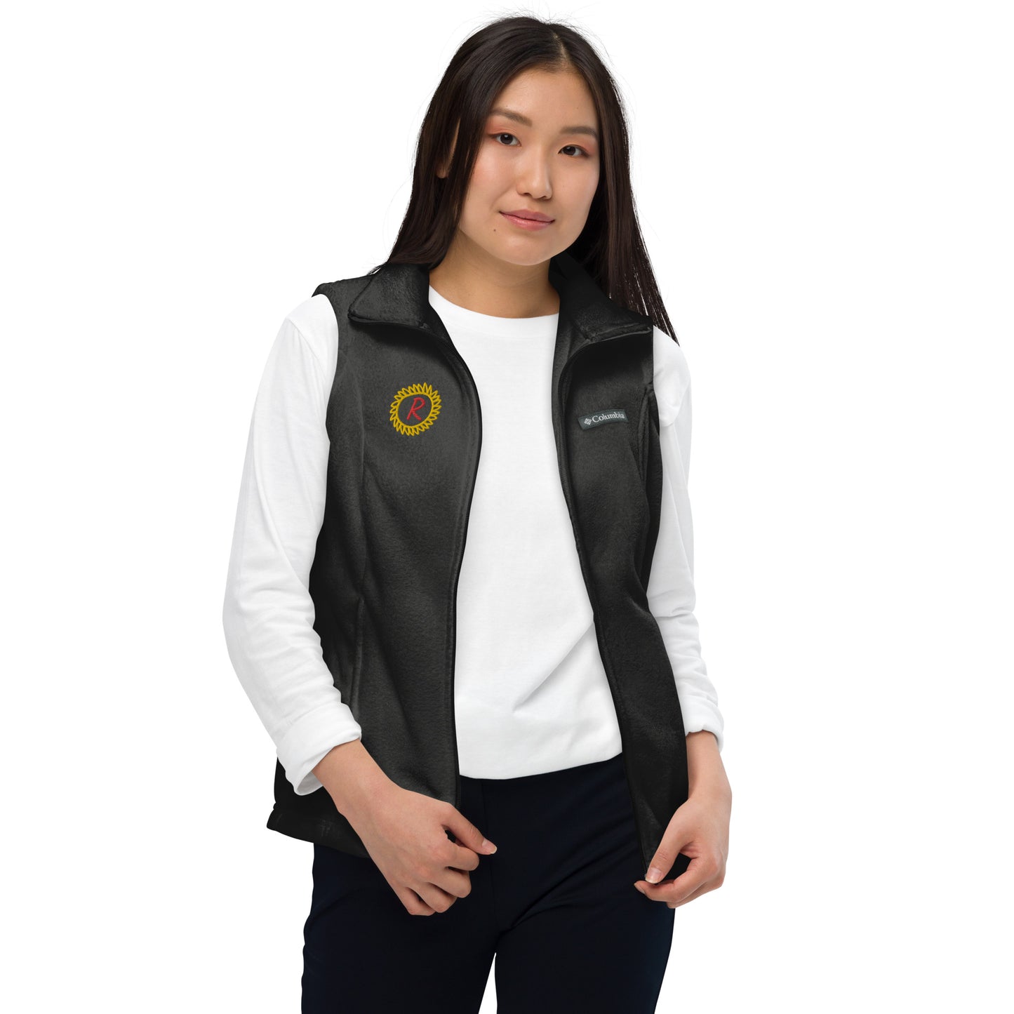 Women’s Columbia fleece vest, gold/red thread embroidery "R" in a custom circle