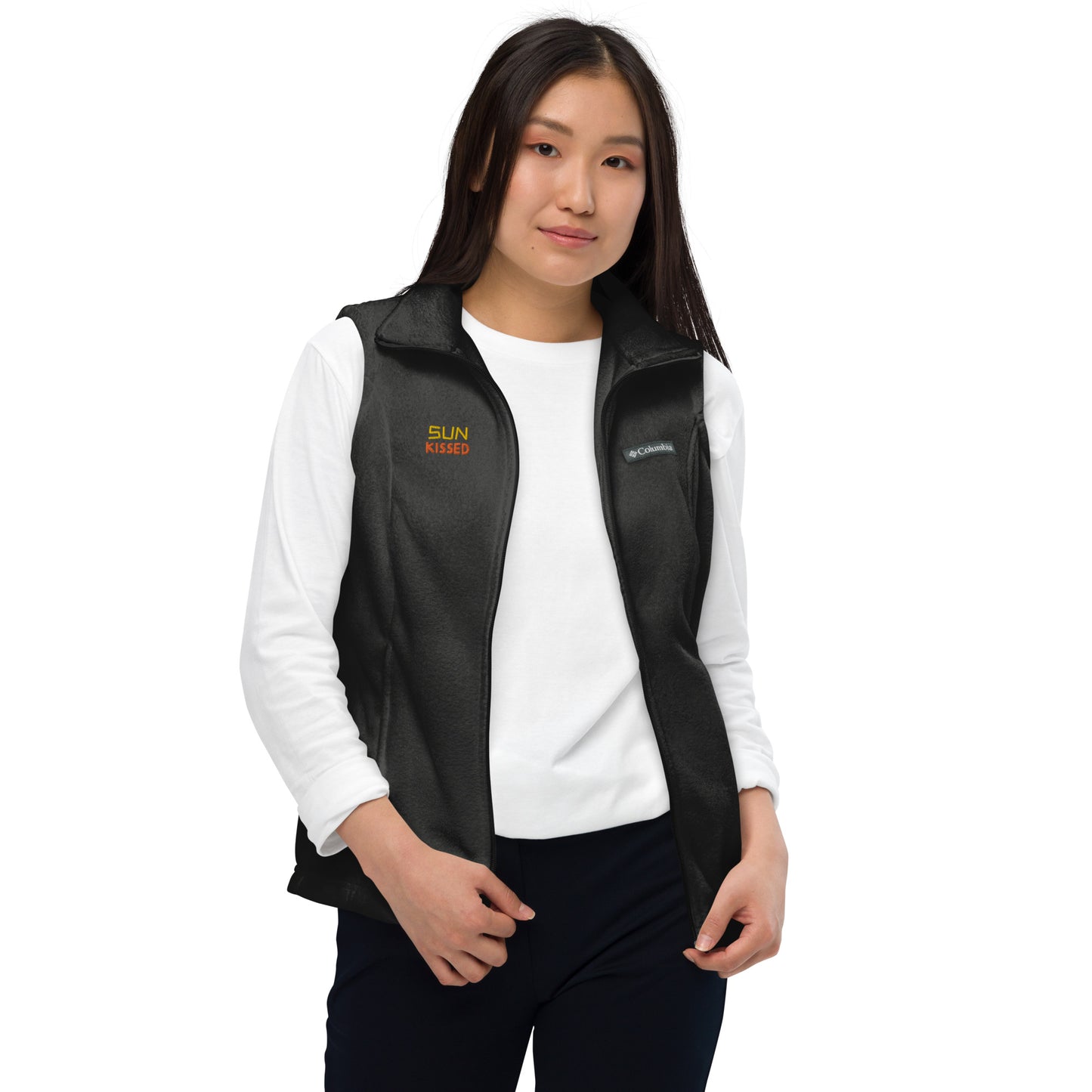 Women’s Columbia fleece vest, 'Sun Kissed" embroidery, gold/ orange color thread