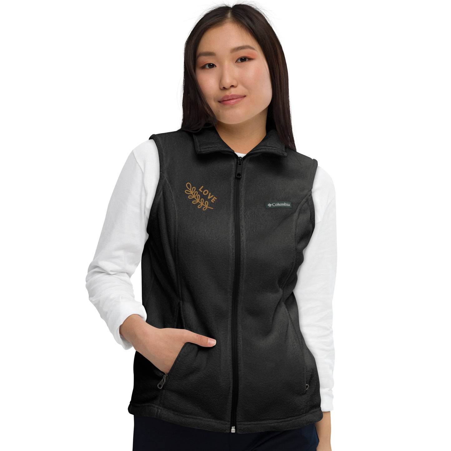 Women’s Columbia fleece vest with custom embroidery- old gold color "Love"