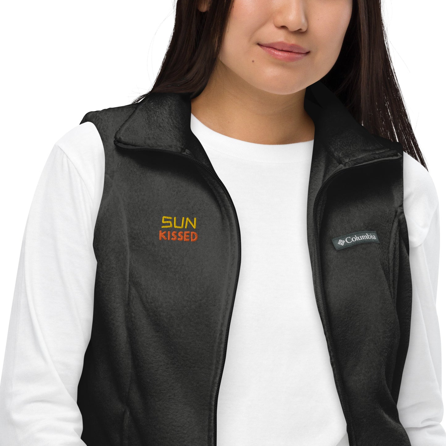 Women’s Columbia fleece vest, 'Sun Kissed" embroidery, gold/ orange color thread