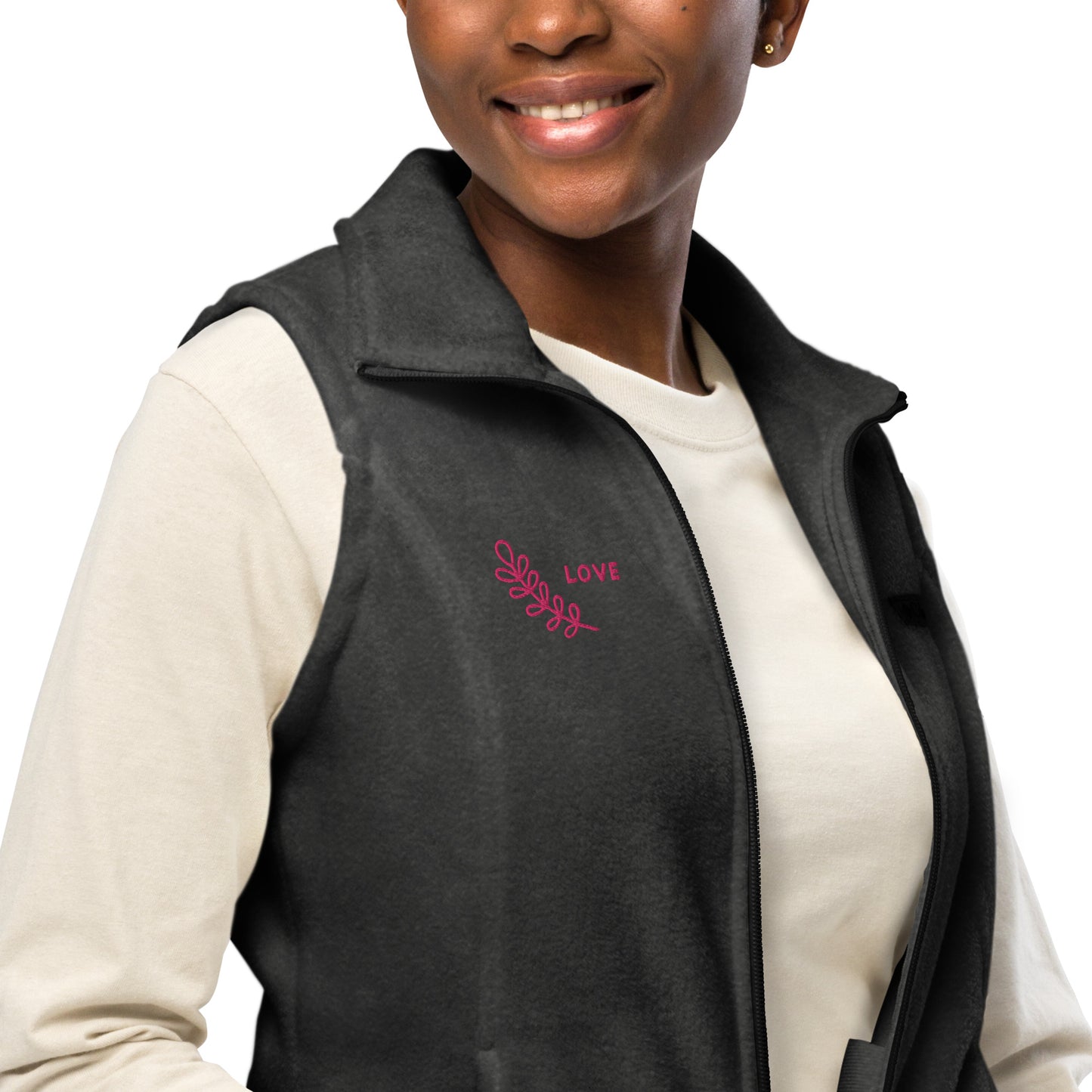 Women’s Columbia Fleece Vest, with flat embroidery flamingo color "Love"