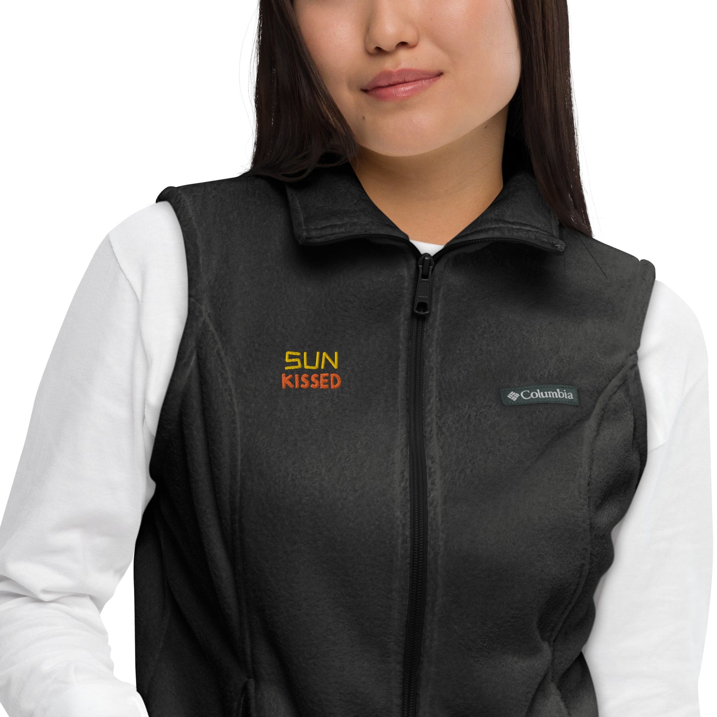 Women’s Columbia fleece vest, 'Sun Kissed" embroidery, gold/ orange color thread